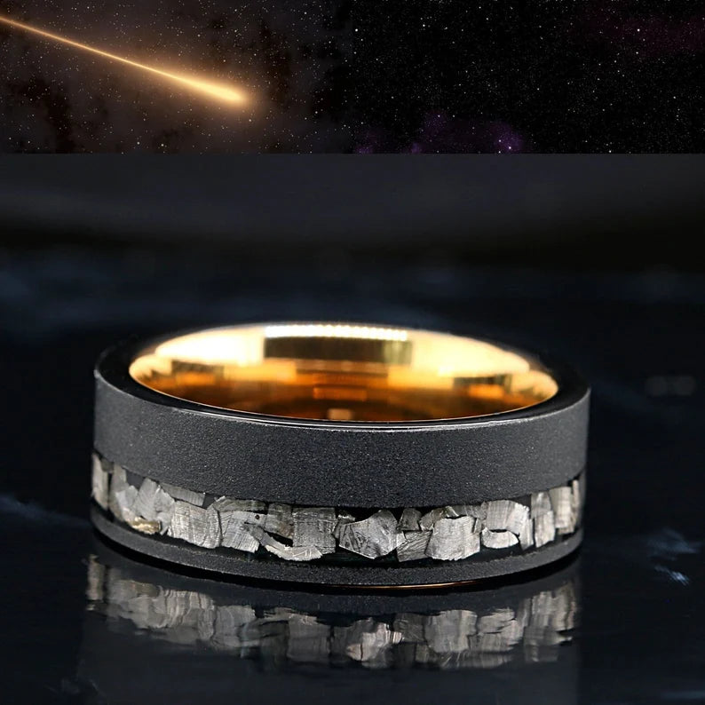 Tungsten Ring for Men | Meteorite chips and 14k gold Wedding Band for Men | 8mm