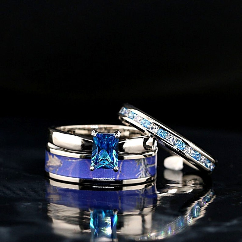 Blue Stealth - Unique Engagement and Band Set | Engagement Ring for Woman | Unique Wedding Bands Set