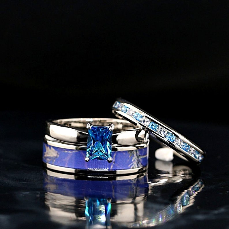 Blue Topaz Engagement Ring Set, Wedding Ring Sets, Vintage Engagement Ring  Set, 14K White Gold 1.26 Carat Handmade