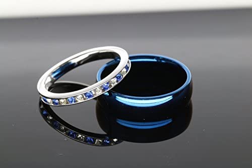 3 PCs Blue Mens Wedding Band Ring | Sterling Silver Engagement Rings | men band ring for Him & Her