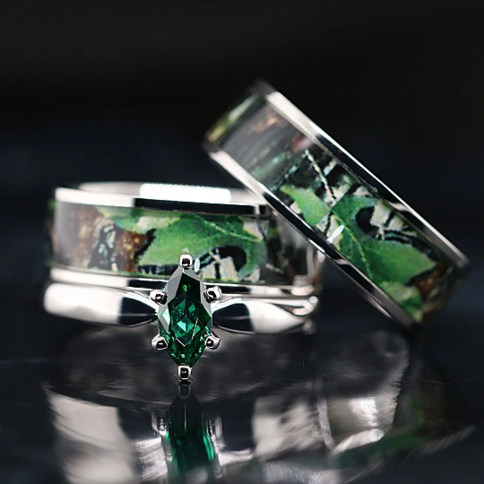 His and Hers Green Camo Ring Set Marquis Engagement Ring