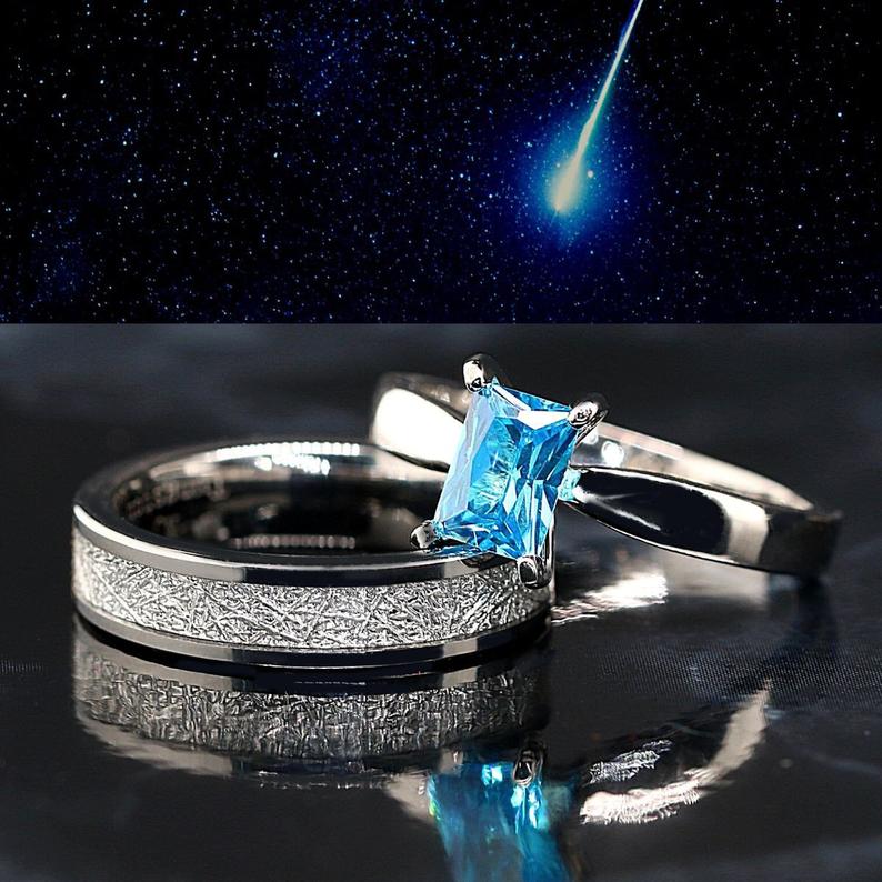 Blue Meteorite Engagement Wedding Rings Set | Sterling Silver Solitaire & Tungsten Bands