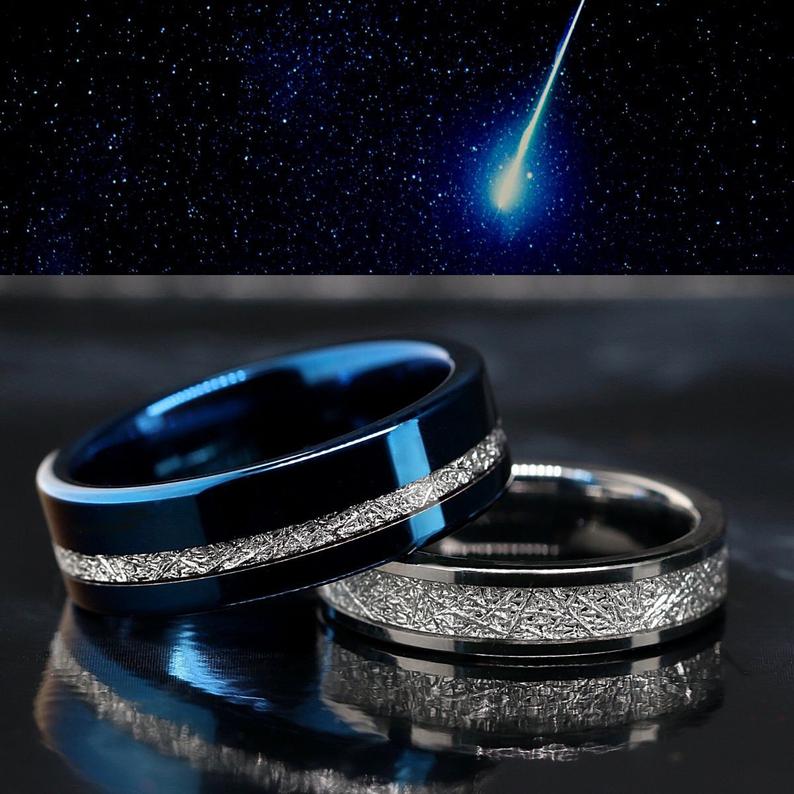 Blue Meteorite Engagement Wedding Rings Set | Sterling Silver Solitaire & Tungsten Bands