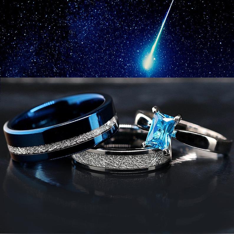 Blue Meteorite Engagement Wedding Rings Set | Sterling Silver Solitaire & Tungsten Bands