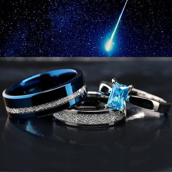 DarkStar - Meteorite Engagement Wedding Rings 3pc