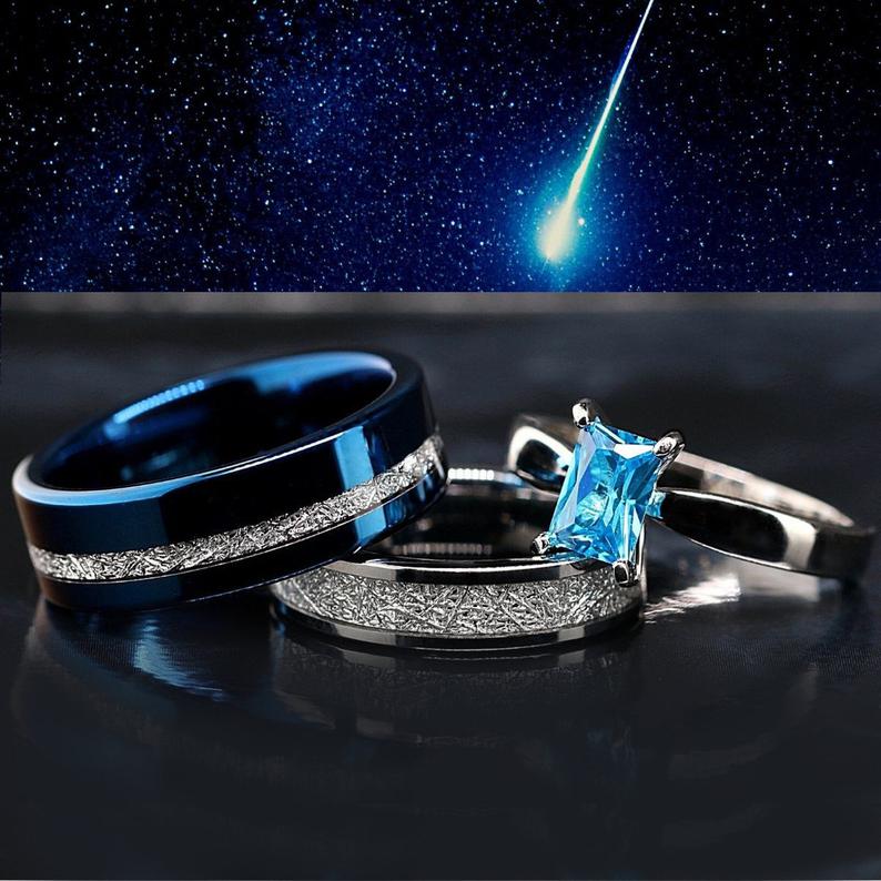 Blue Meteorite Engagement Wedding Rings Set