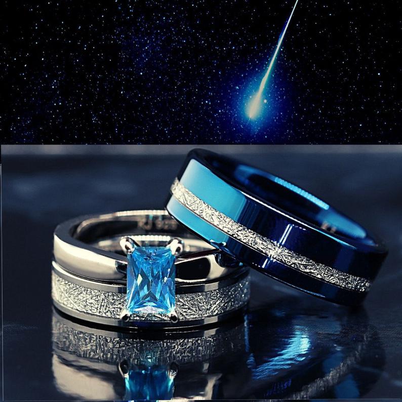 Blue Meteorite Engagement Wedding Rings Set | Sterling Silver Solitaire & Tungsten Bands