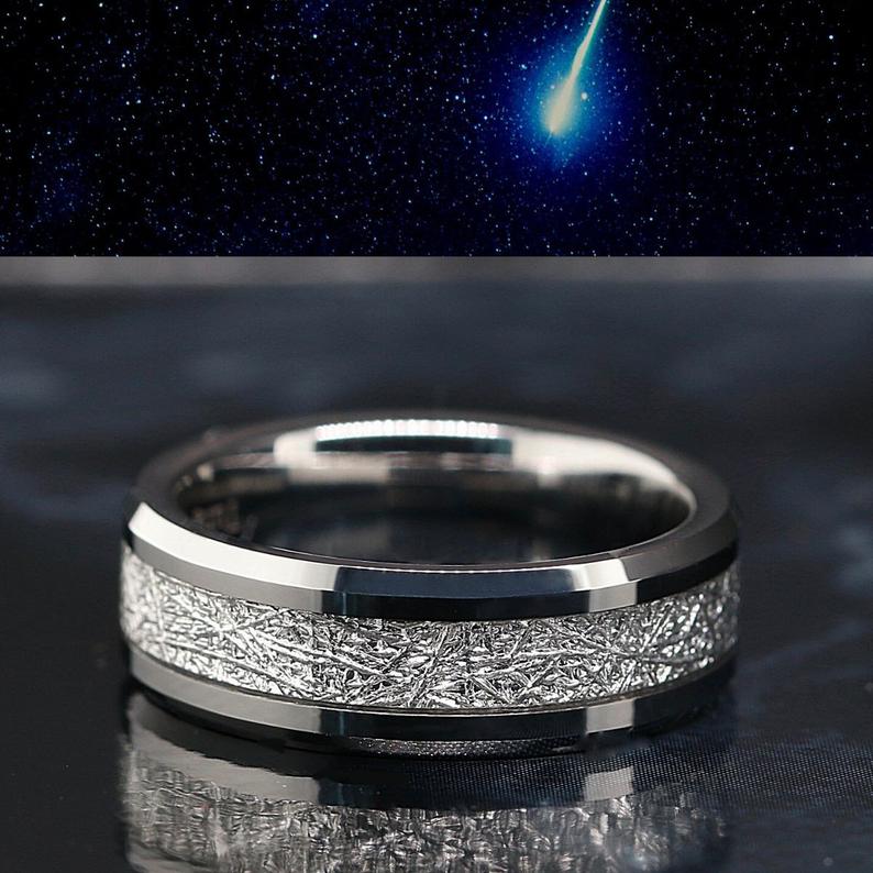 Blue Meteorite Engagement Wedding Rings Set | Sterling Silver Solitaire & Tungsten Bands