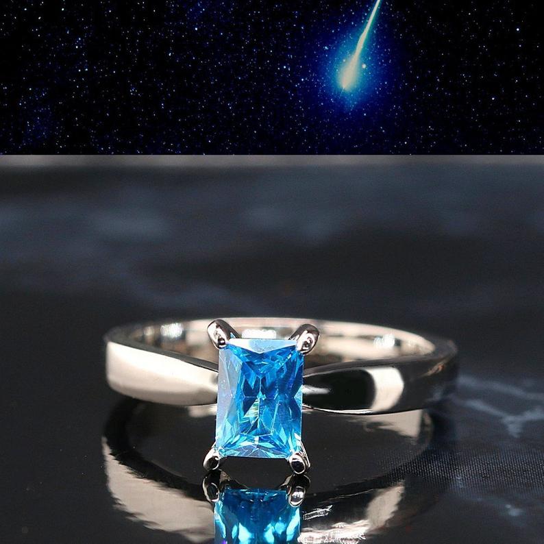 Blue Meteorite Engagement Wedding Rings Set | Sterling Silver Solitaire & Tungsten Bands