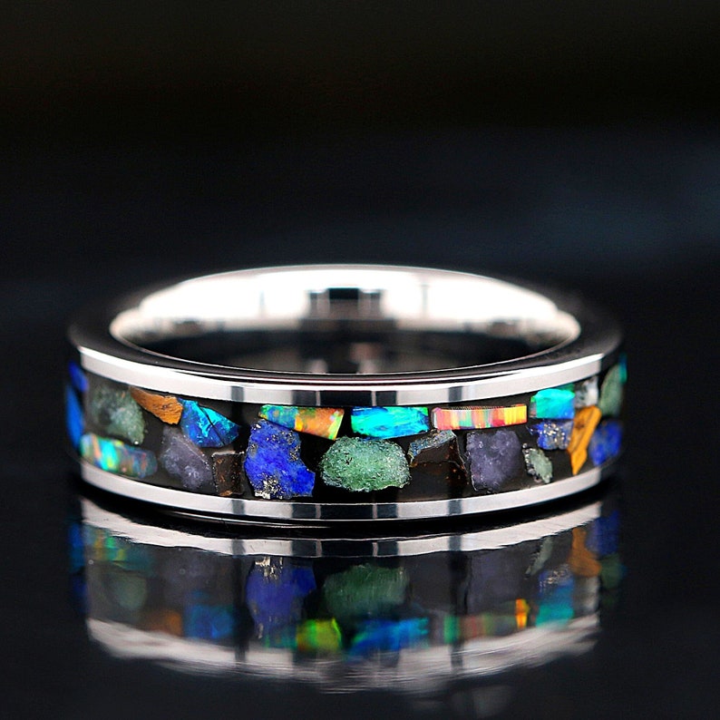 Treasures of the Earth - Cool Unisex Wedding Bands | Tungsten Bands for Men’s Wedding | Unique Women's Wedding Band | Turquoise, Marble, Tiger Eye, Opal, Tungsten Band