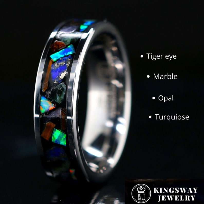 Treasures of the Earth - Cool Unisex Wedding Bands | Tungsten Bands for Men’s Wedding | Unique Women's Wedding Band | Turquoise, Marble, Tiger Eye, Opal, Tungsten Band