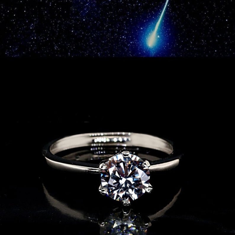 Cosmic Violet Timber Set - Meteorite Couple Engagement Ring Set | Certified Moissanite Ring Set D-Color VVS1 | Unique Women Engagement Ring