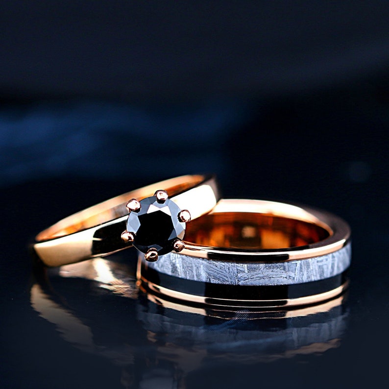 His Hers 3 Pcs 14K Gold Plated Meteorite Ring Set 10 / 9