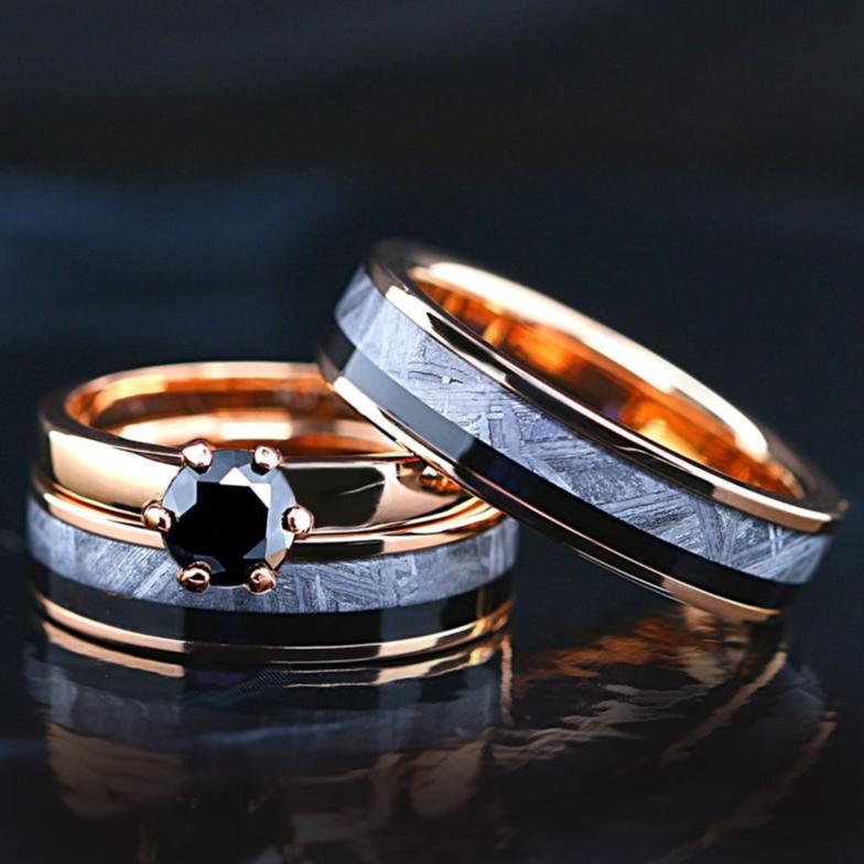 Stellar Union Meteorite Set - Engagement Wedding Ring Set | Meteorite Engagement Ring | Unique Wedding Band for Man and Woman