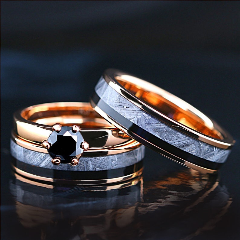 3 PCs Stainless Steel Engagement Ring Set| Muonionalusta Meteorite Ring for  Women |Tungsten Wedding Bands