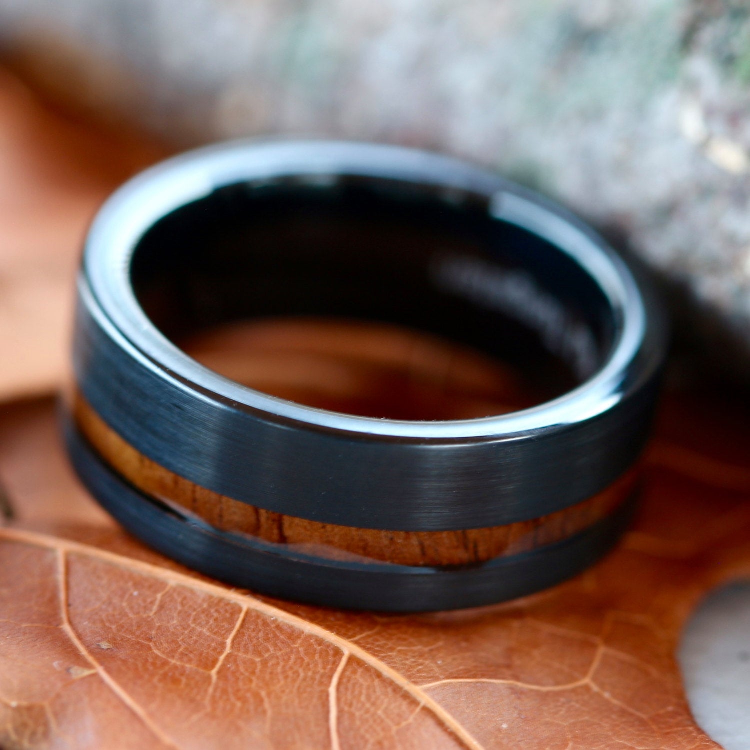 Black Tungsten Brown Koa Wood Ring - Unisex Engagement Wedding Band