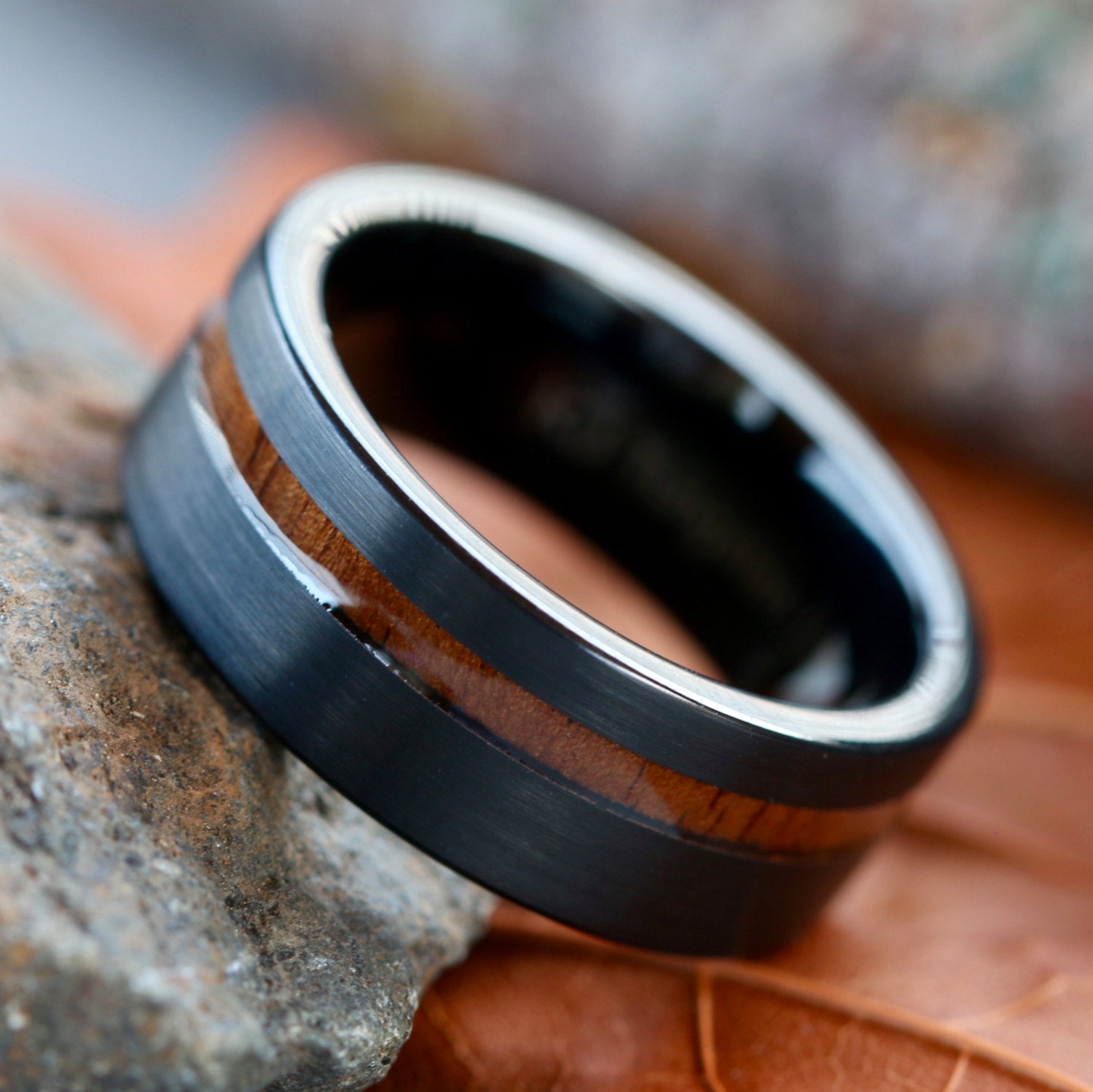 Black Tungsten Brown Koa Wood Ring - Unisex Engagement Wedding Band