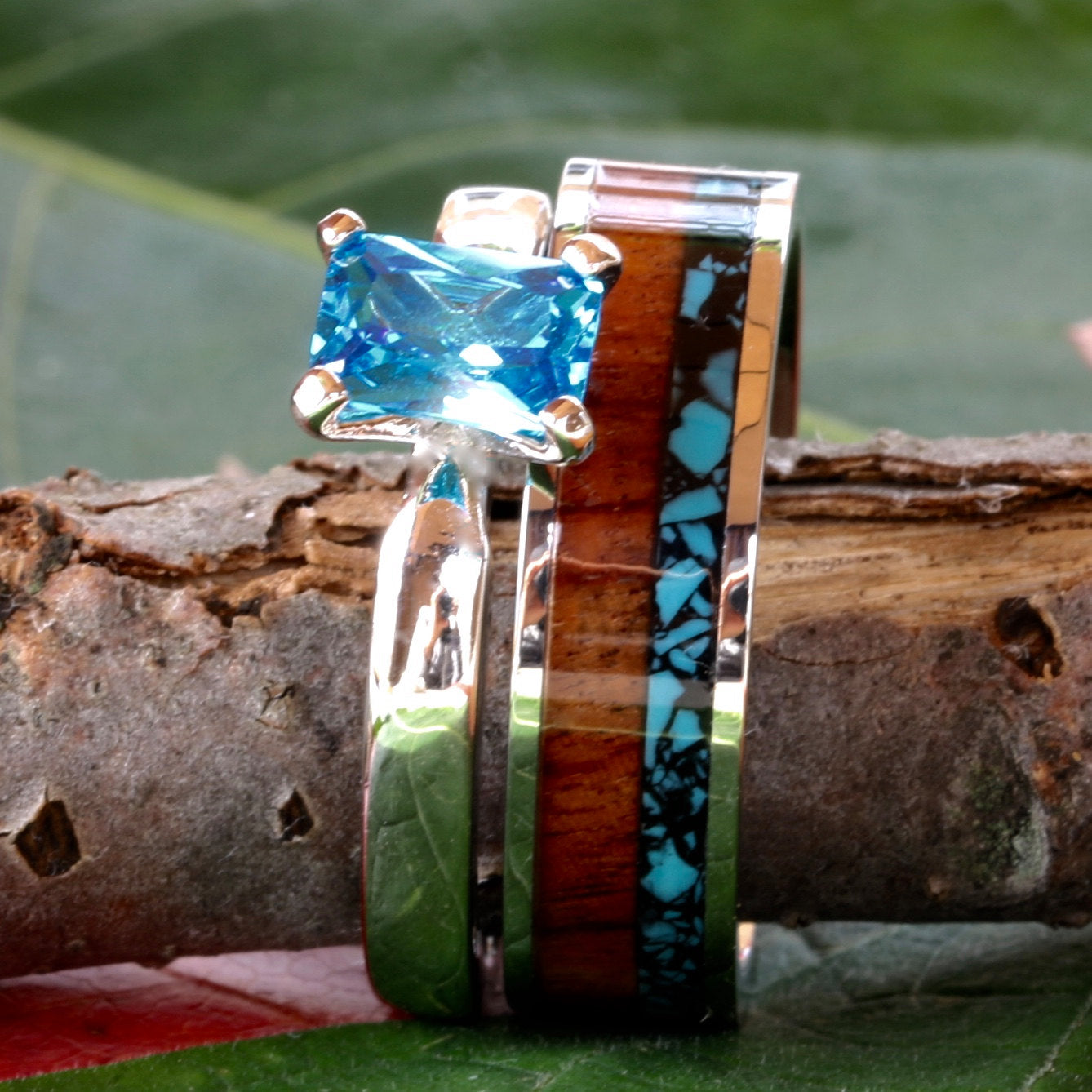 2 piece Wedding Ring Set Turquoise Ring Koa Wood Ring Stainless Steel and Sterling Silver Cubic Zirconia Engagement Ring