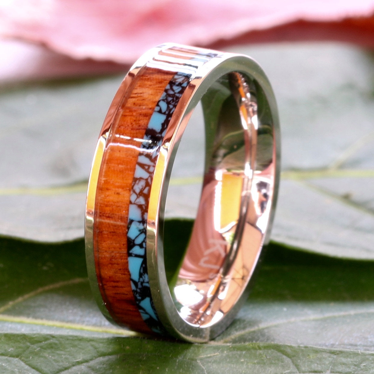 Turquoise and Koa Wood Ring Stainless Steel Wedding Band FREE Engraving