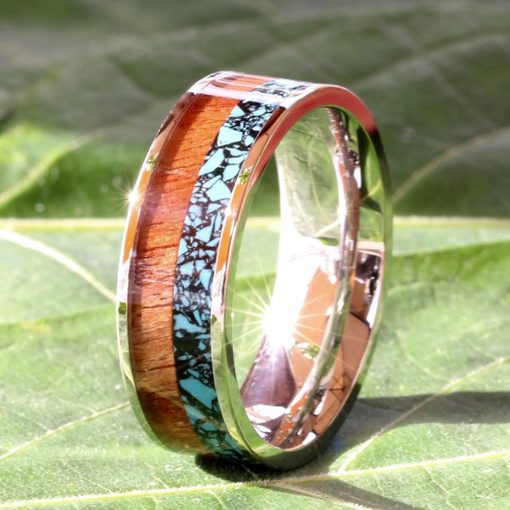 Turquoise and Koa Wood Ring Stainless Steel Wedding Band FREE Engraving