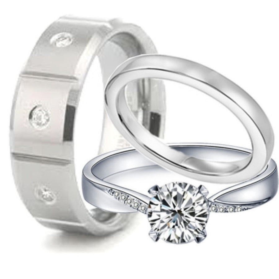 Exquisite Three Stone Diamond Halo Engagement Ring