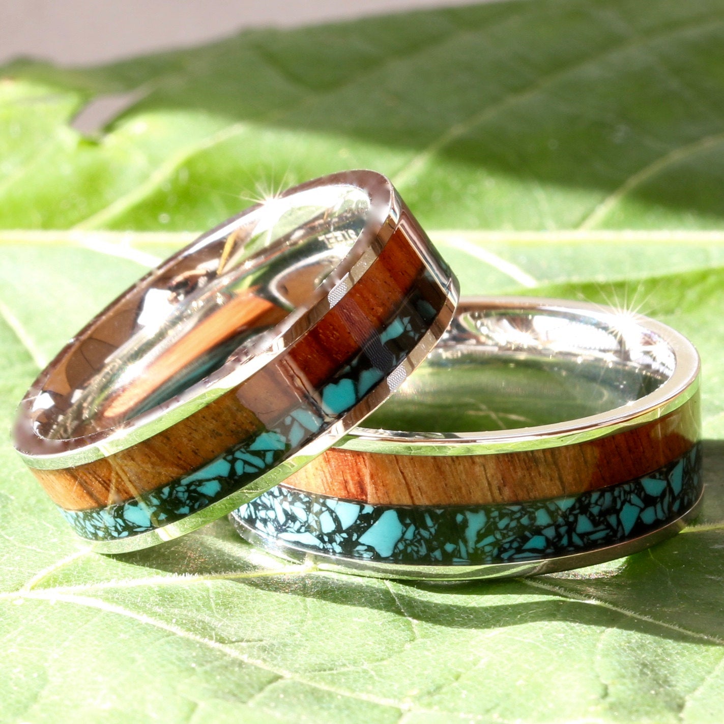 His and Her 3 piece Wood Ring Set Turquoise Wedding Rings Set