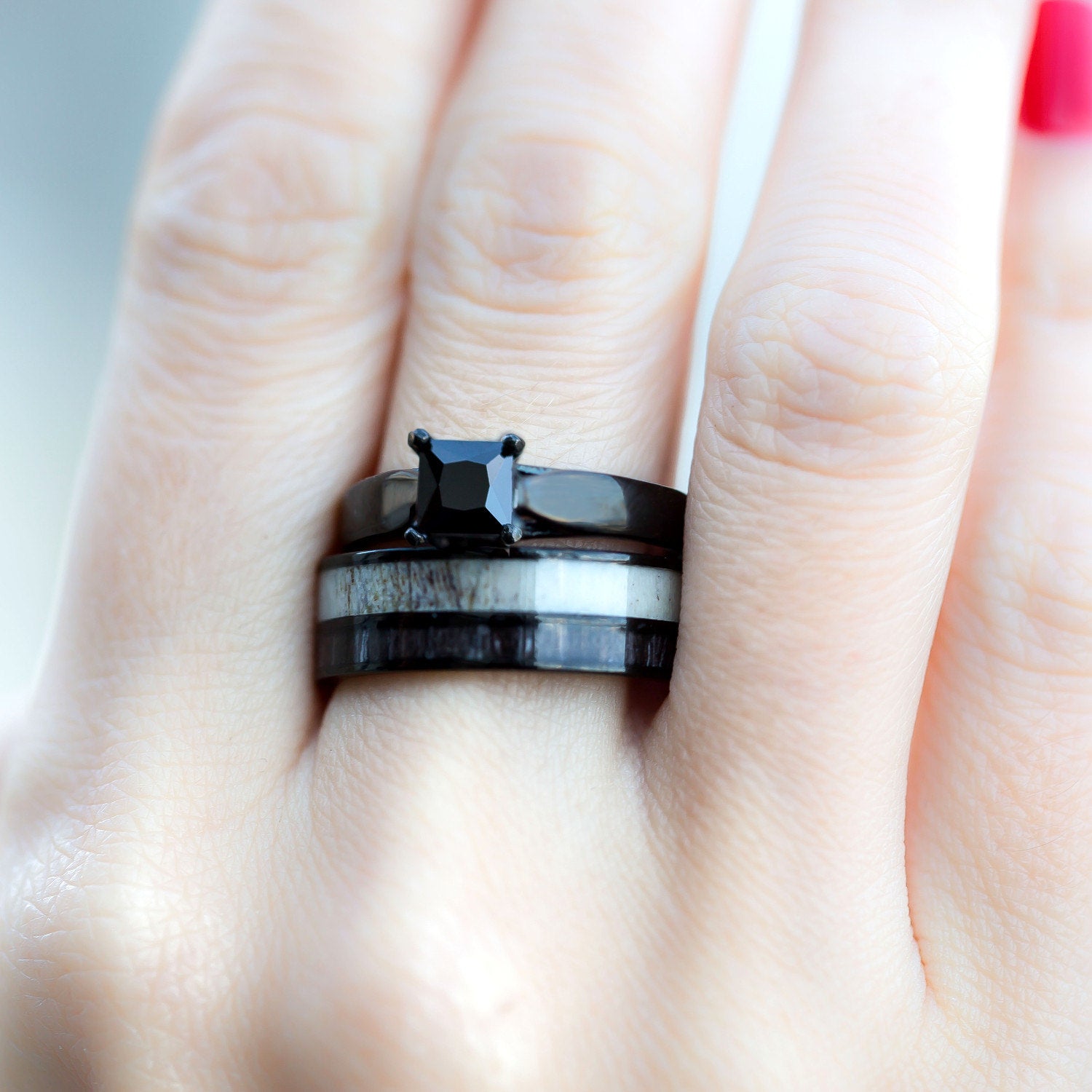 His & Her Deer Antler Wedding Rings Black Koa Wood Ring Set