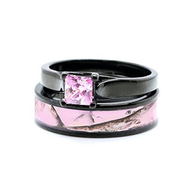 Womens Camo Wedding Rings Set - Pink Camo Wedding Rings Blue Camo Rings