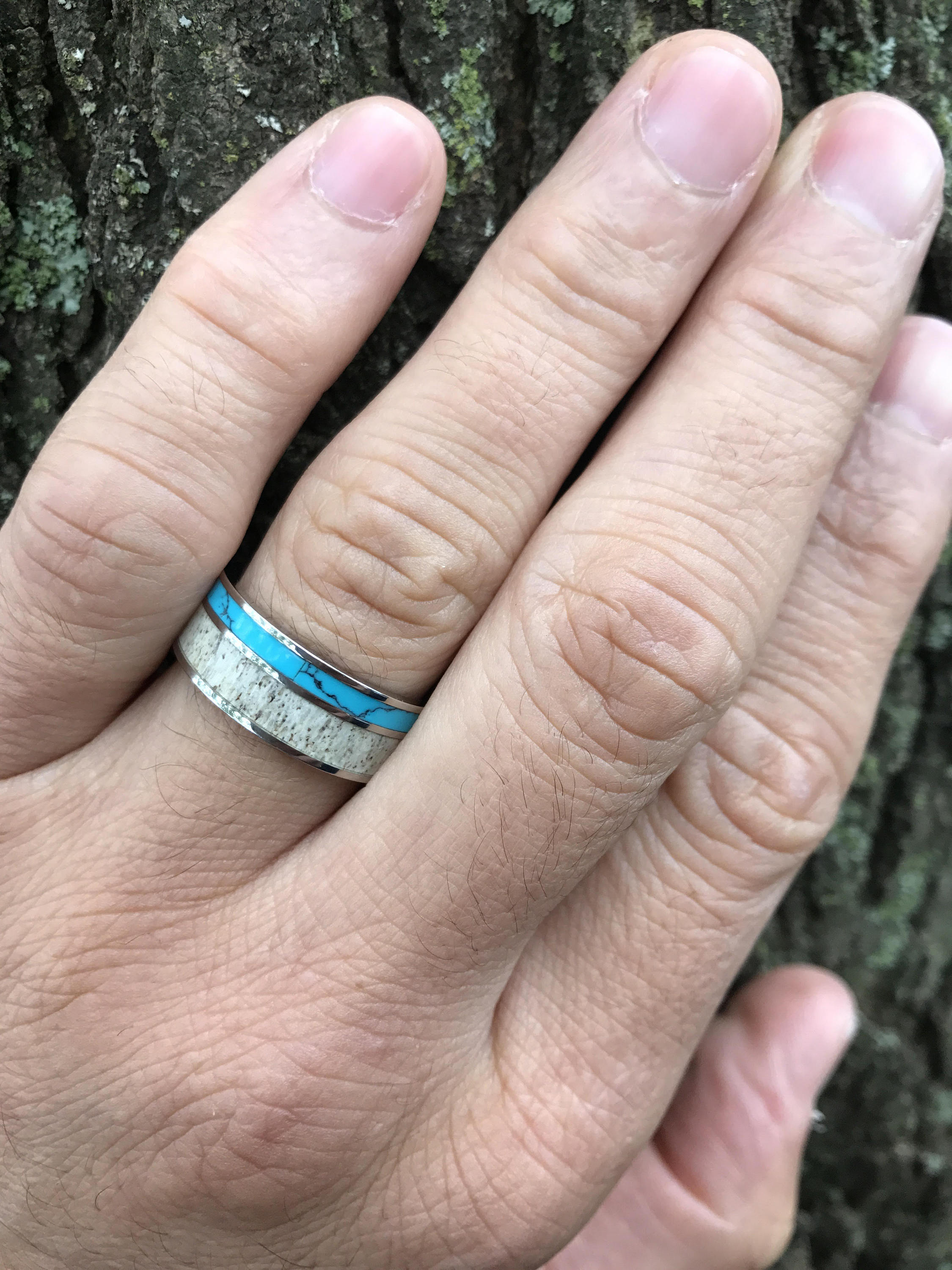 Deer Antler Ring with Turquoise Inlay - Unisex Turquoise Band Wedding Ring