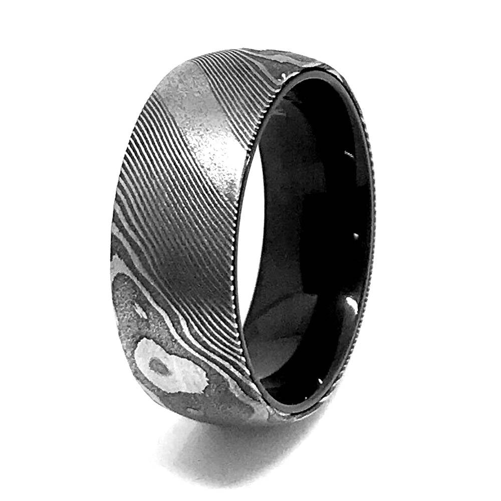 His and Her Damascus Steel Wedding Rings Set Mokume Gane Wedding Band Set