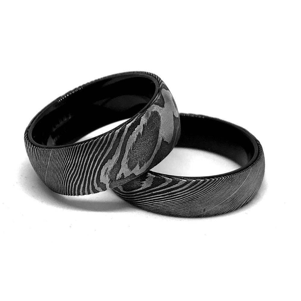 His and Her Damascus Steel Wedding Rings Set Mokume Gane Wedding Band Set