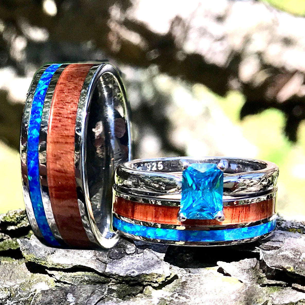 His and Her Opal Wedding Ring Set Wood Wedding Bands Stainless Steel Sterling Silver