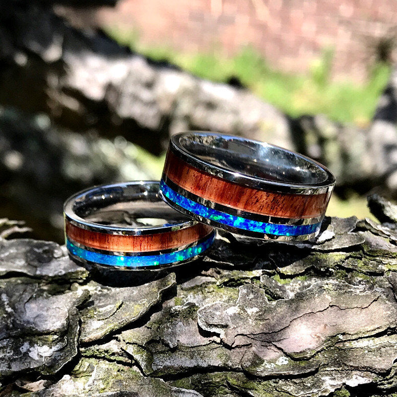 His and Her Opal Wedding Ring Set Wood Wedding Bands Stainless Steel Sterling Silver