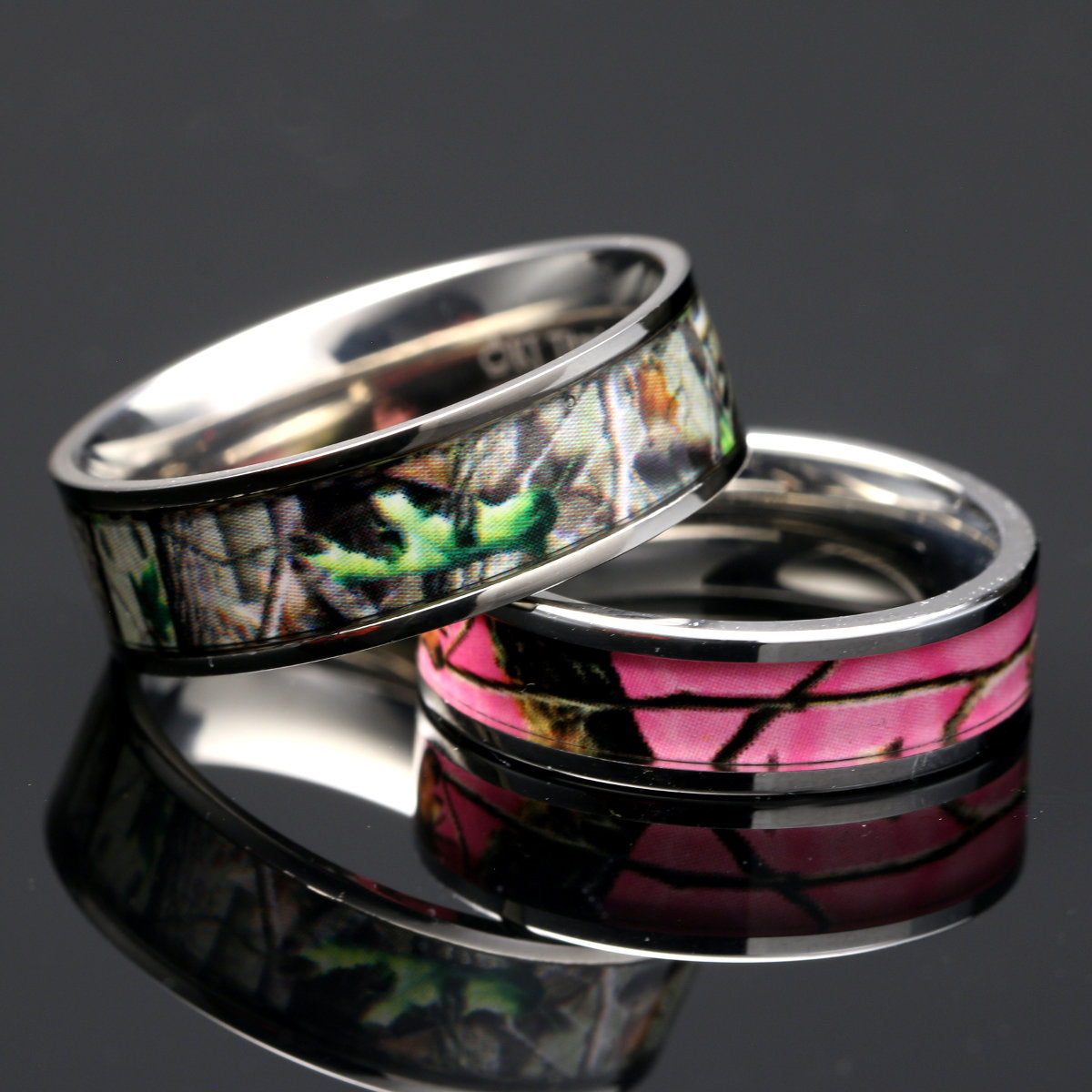 His & Hers 3 piece Camo Wedding Ring Set Sterling Silver Titanium Stainless Steel