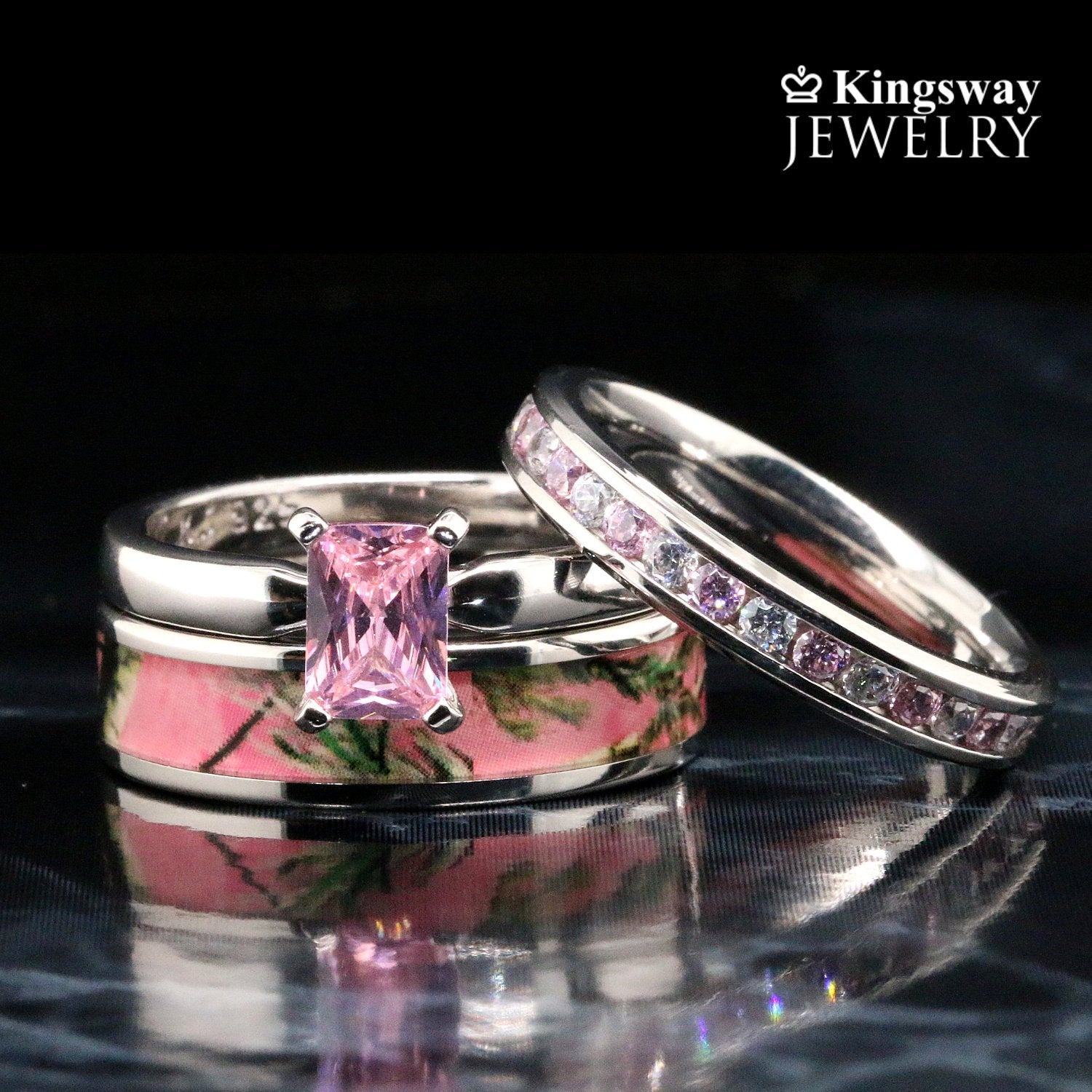 3 pc Pink Camo Ring Set Sterling Silver Wedding Ring Set