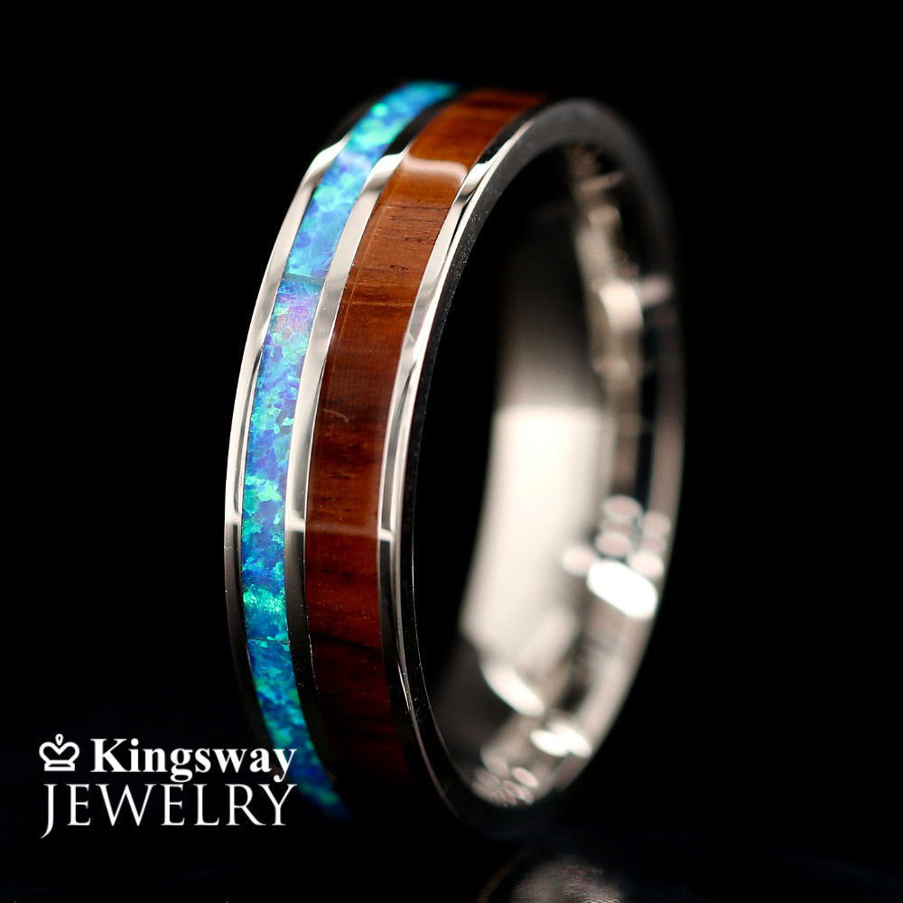 "Aloha" Stainless Steel Opal and Hawaiian Koa Wood Ring