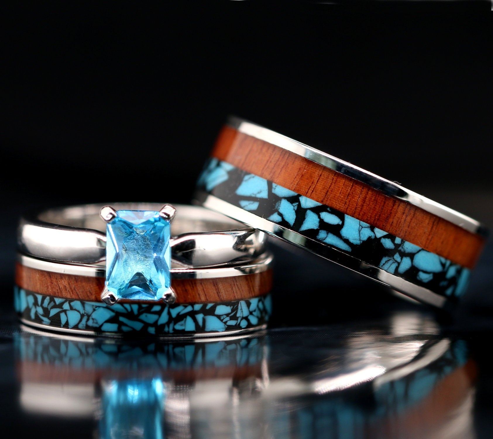 His and Her 3 piece Wood Ring Set Turquoise Wedding Rings Set
