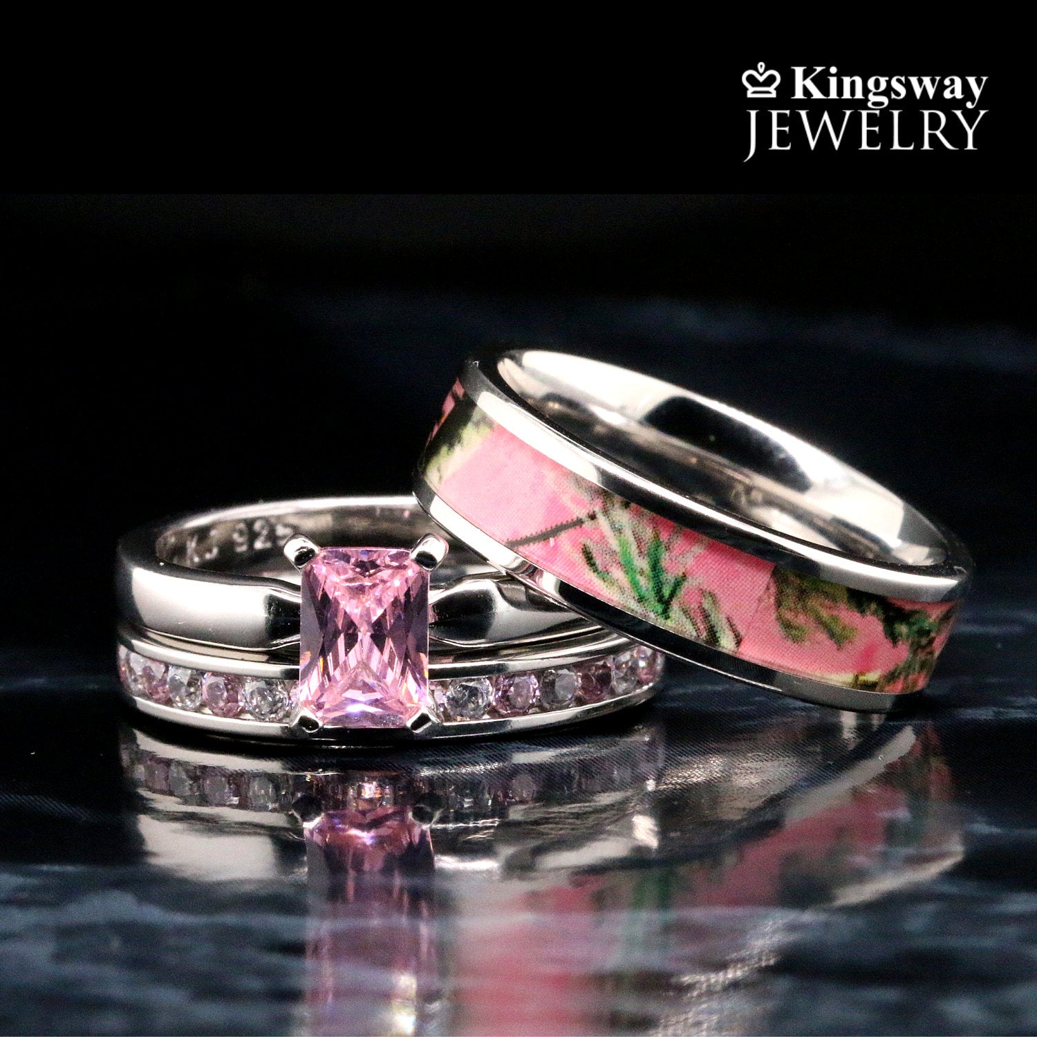 3 pc Pink Camo Ring Set Sterling Silver Wedding Ring Set