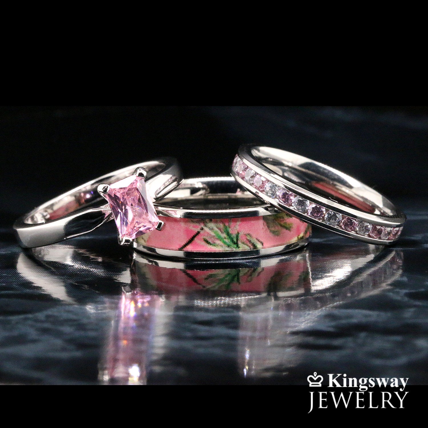 3 pc Pink Camo Ring Set Sterling Silver Wedding Ring Set