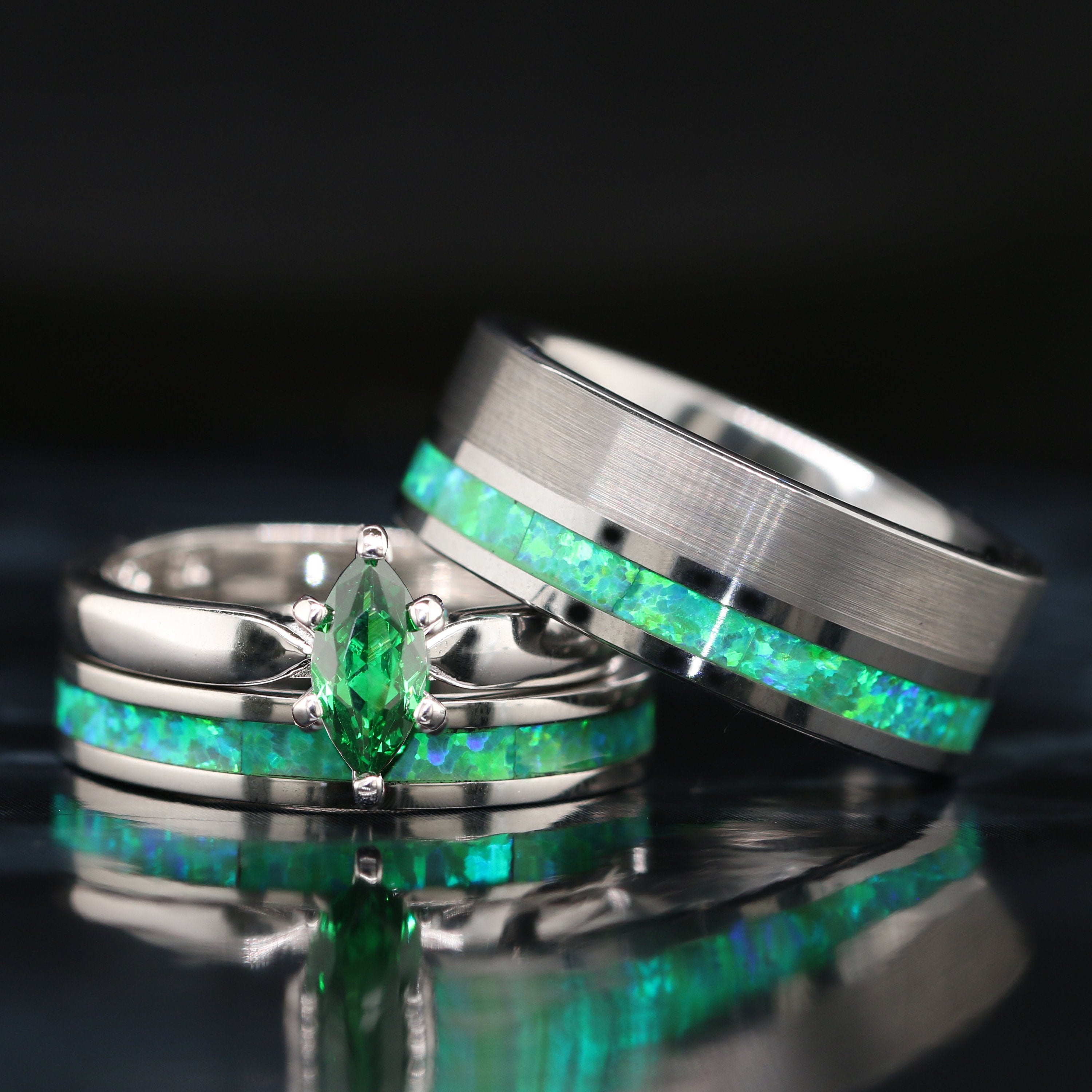 His and Her Green Opal Wedding Ring Set Green Opal Rings