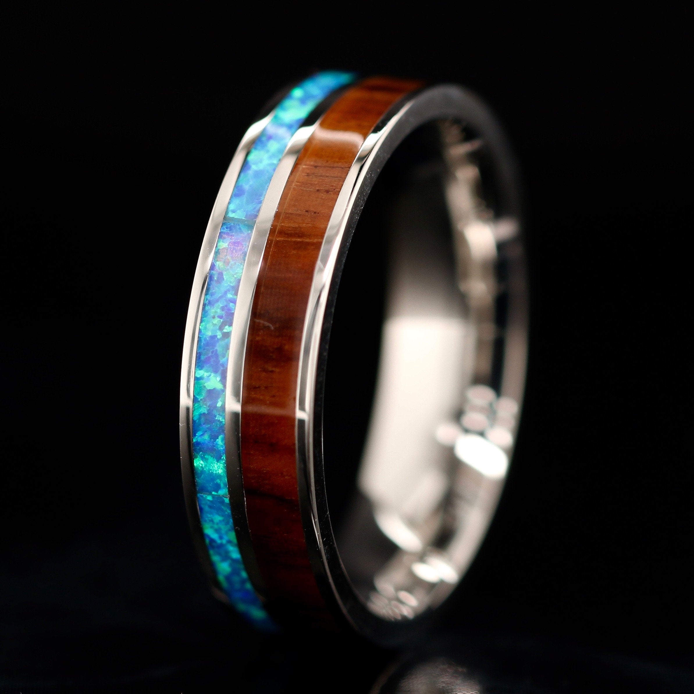 His and Her Opal Wedding Ring Set Wood Wedding Bands Stainless Steel Sterling Silver