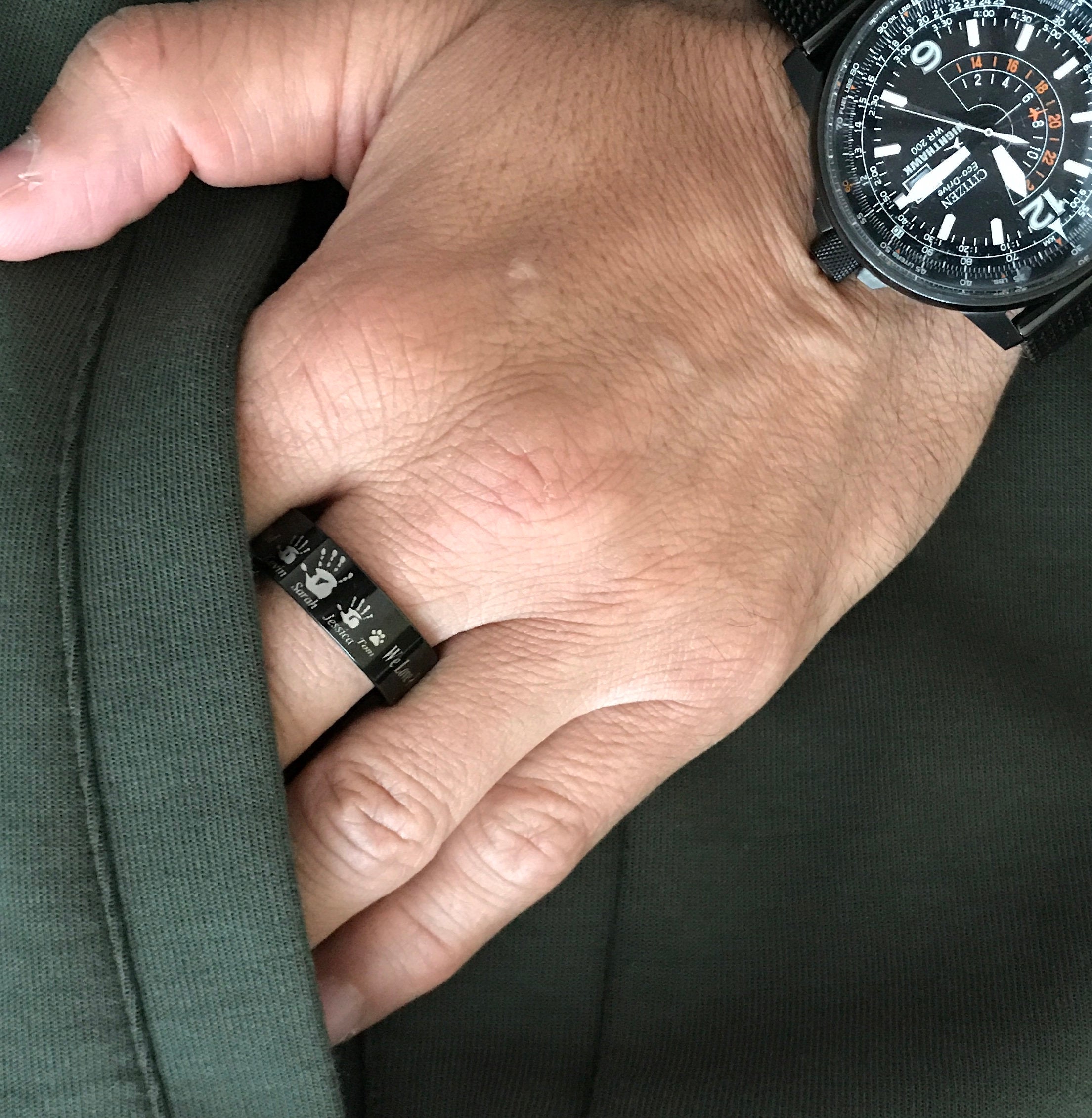 Family Handprint Ring for Men | Tungsten Wedding Band for Men | 8mm