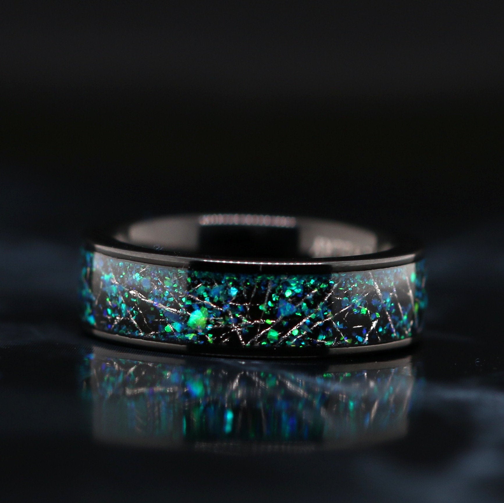 Meteorite natural Green & Blue opal chips Wedding Band for Men and Women