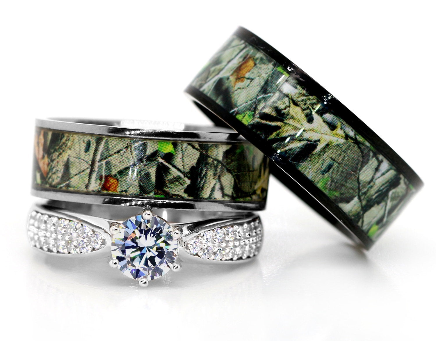 His and Her Camo Wedding Ring Set Titanium and Sterling Silver Engagement Rings