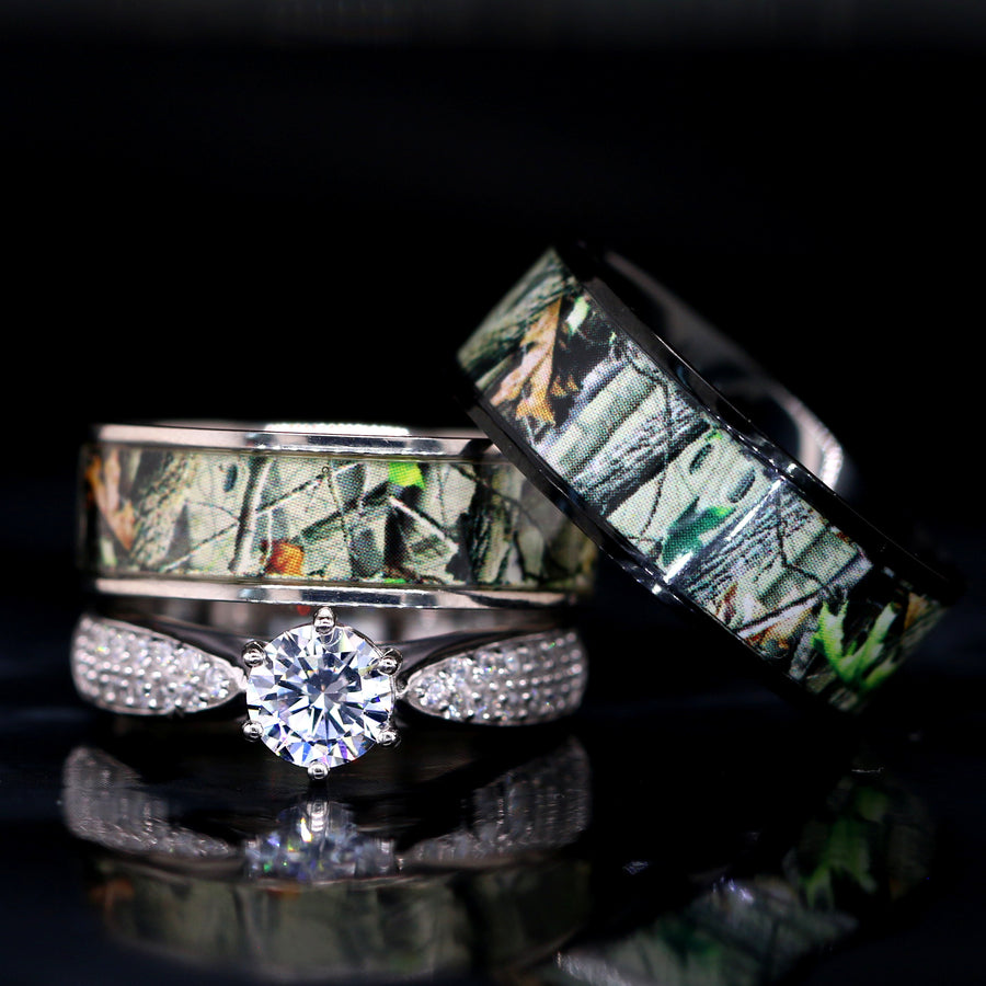 Stainless Steel Men & Women's Match Couples Camo Wedding Engagement Ring Set  | eBay