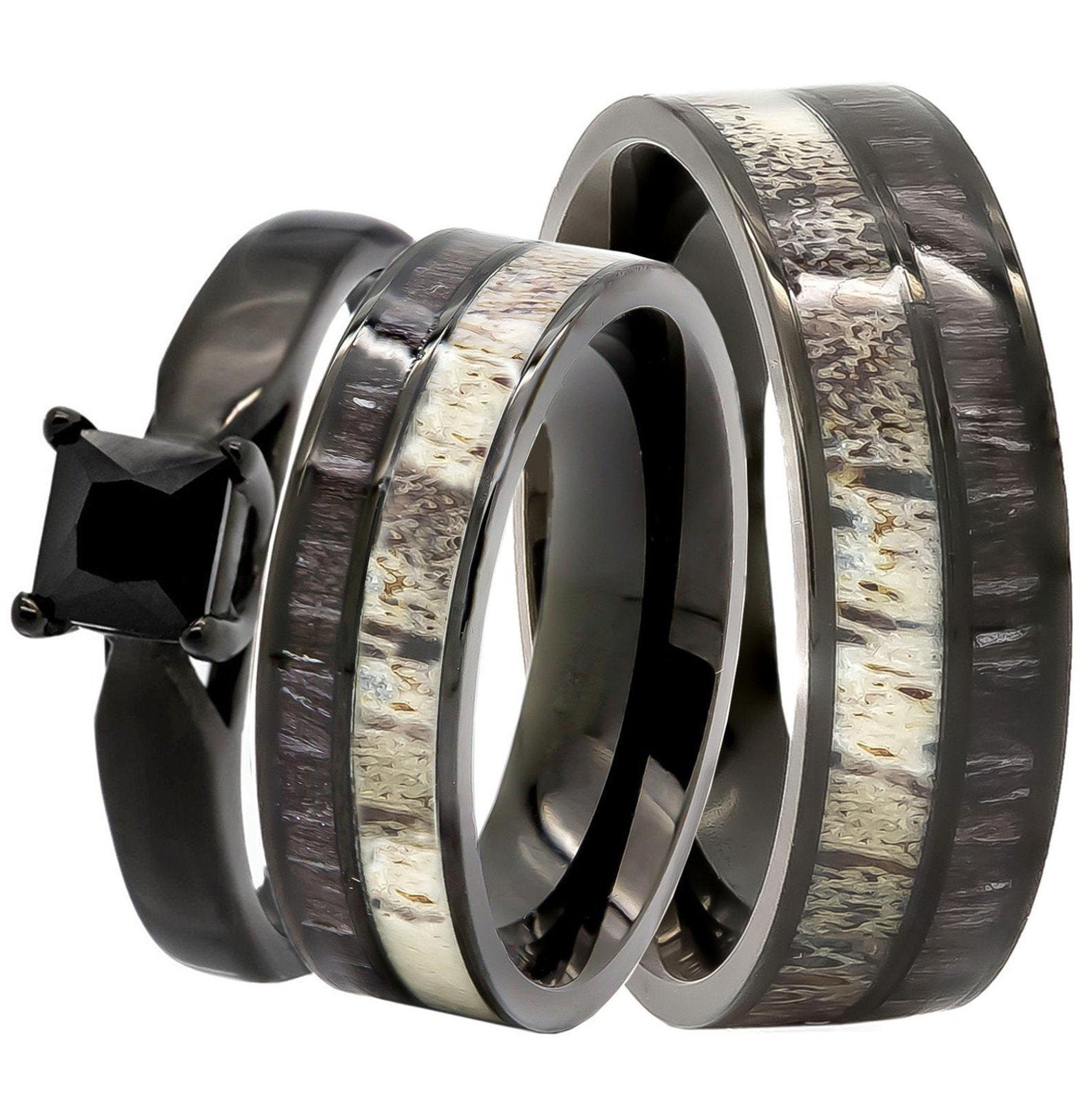 His & Her Deer Antler Wedding Rings Black Koa Wood Ring Set