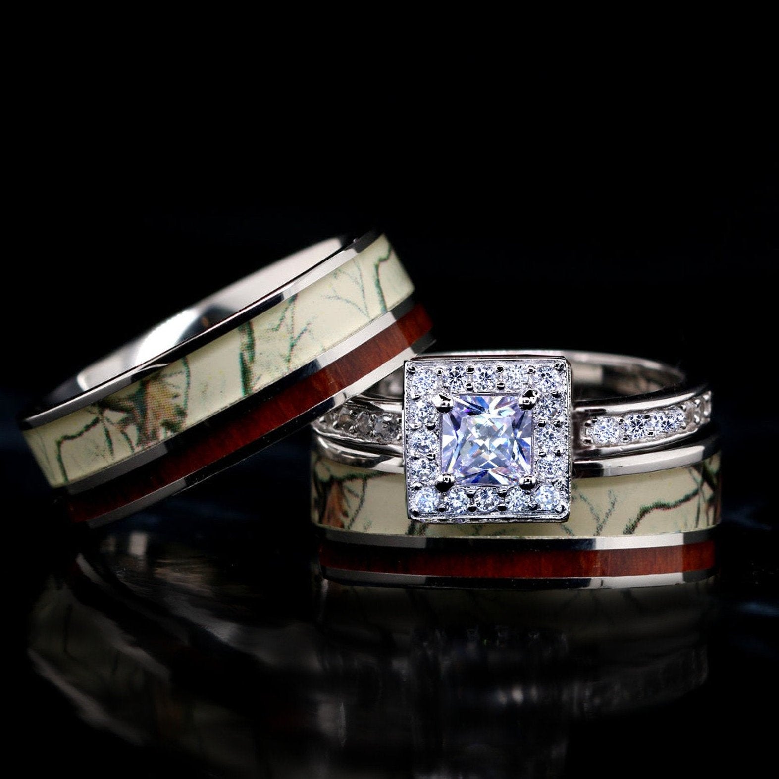 His and Her Snow Camo Wedding Ring Set