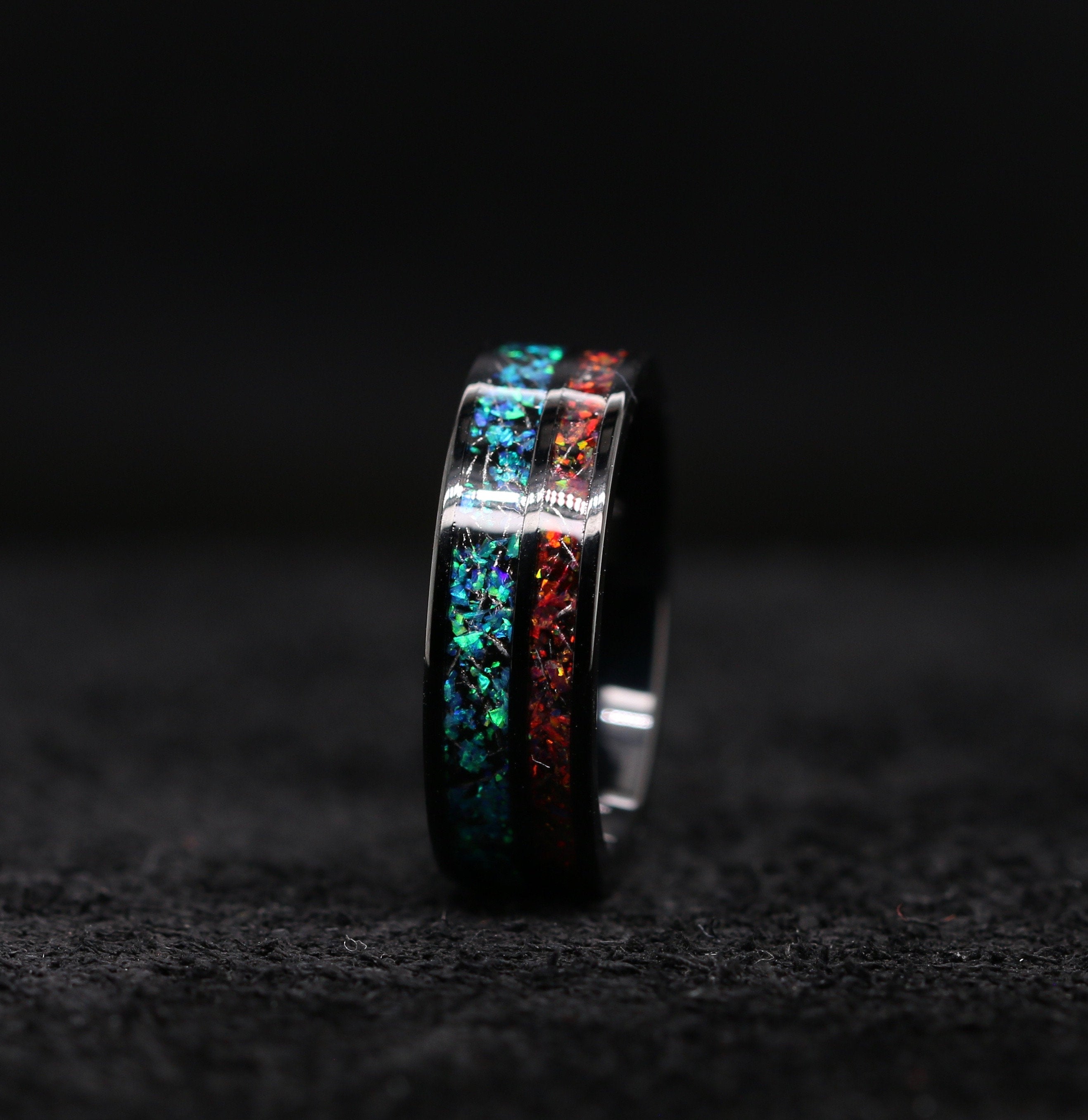 Fire Opal Ring Meteorite Wedding Band Stainless Steel Opal Wedding Band 7mm