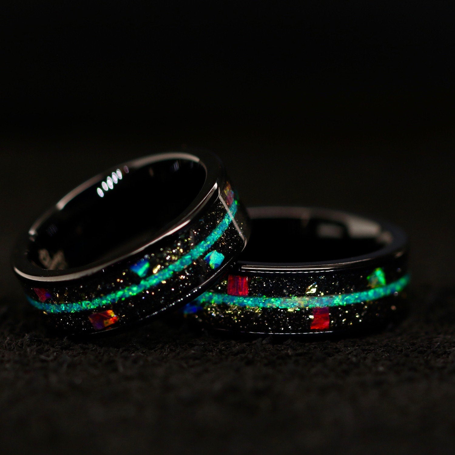 "Galaxy" Opal Ring Gold Foil  Band Black Stainless Steel Ring