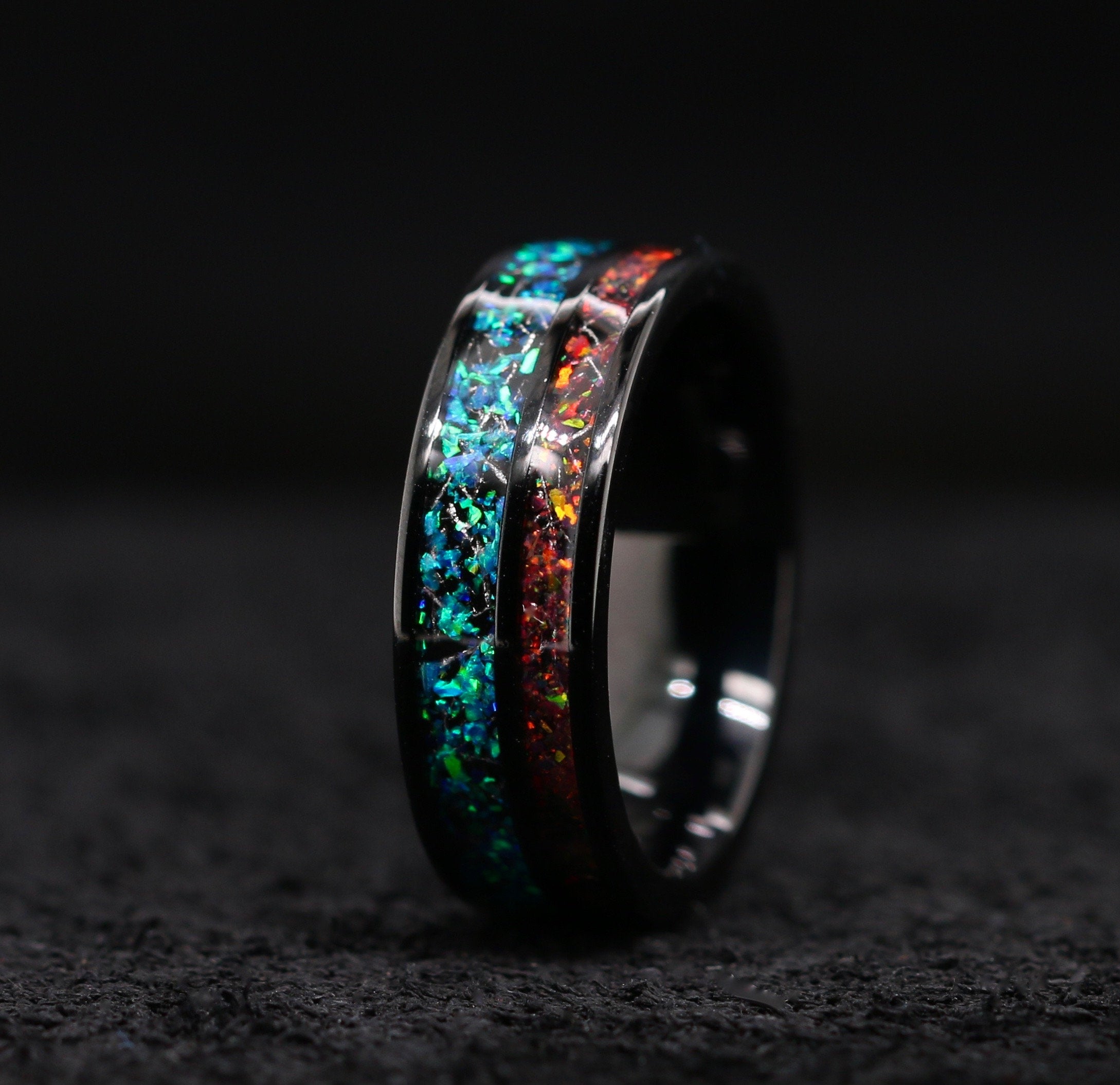 Fire Opal Ring Meteorite Wedding Band Stainless Steel Opal Wedding Band 7mm